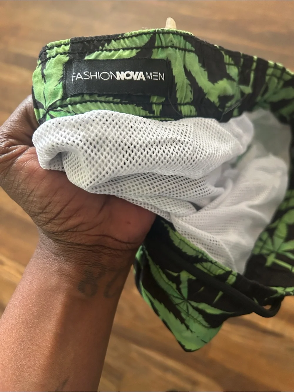 Fashion Nova Men Black Swim Shorts with Bright Green Leaf Print